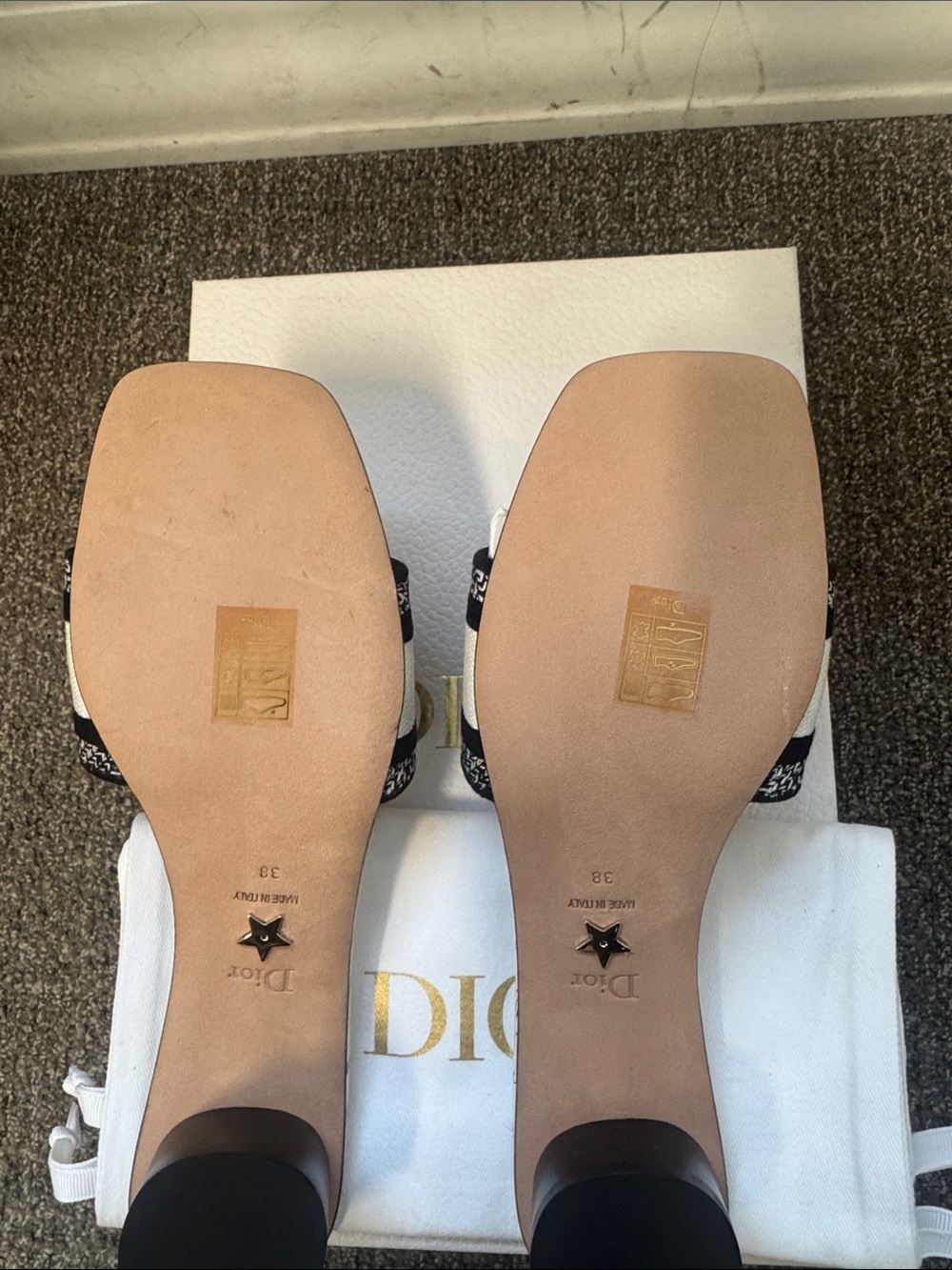 Dior White Script Slide Sandals with Black and Red Logo Band - Picture 3 of 5